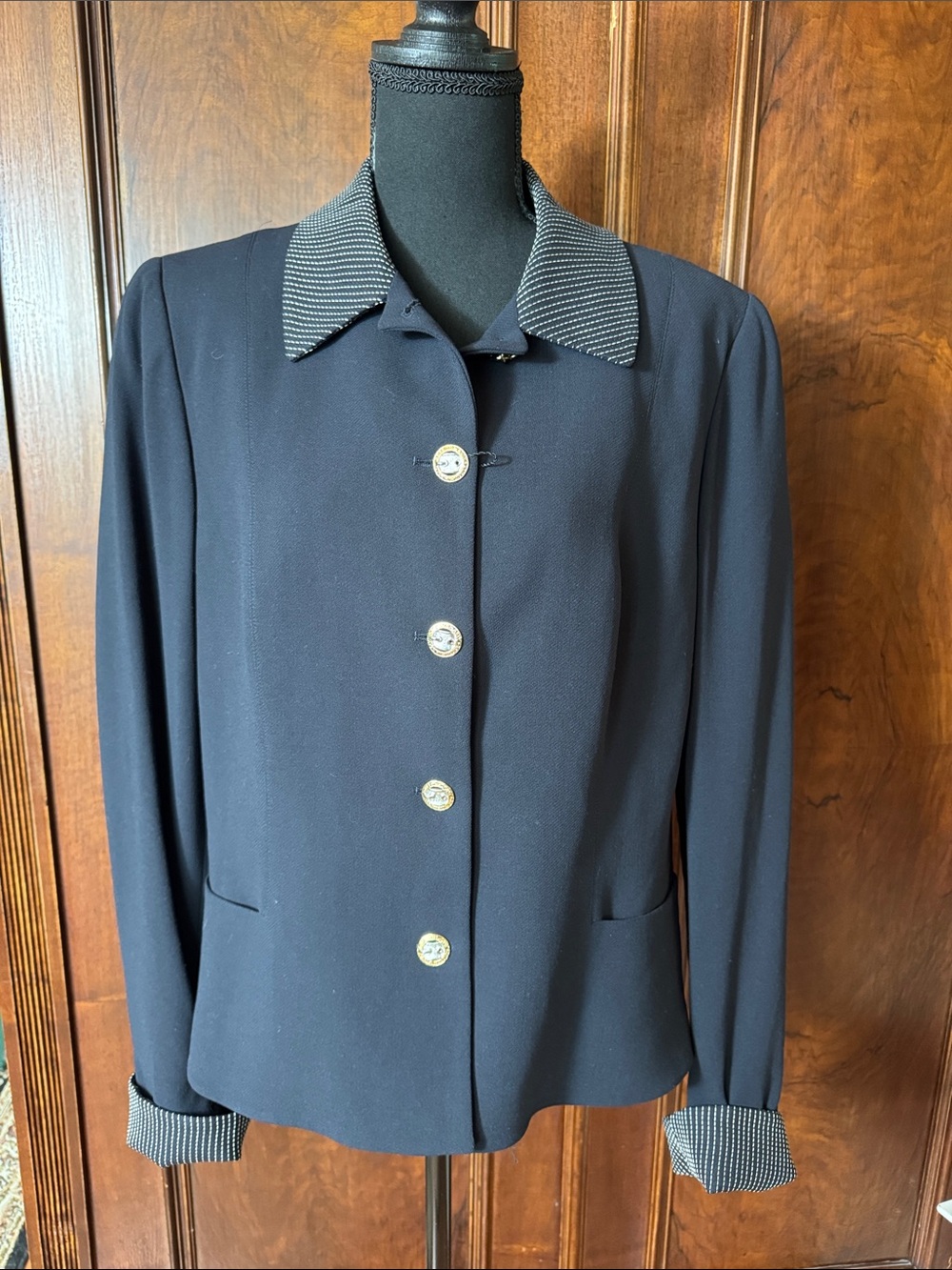 Griffith Gray for St.John Navy Blazer with Pinstripe Collar and Cuffs